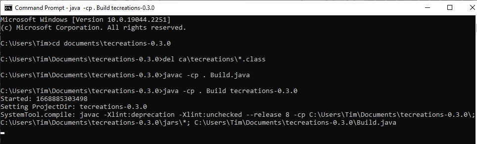 Clean projectDir ca\tecreations of all .class files, compile <defaultpackage>\Build, and run.